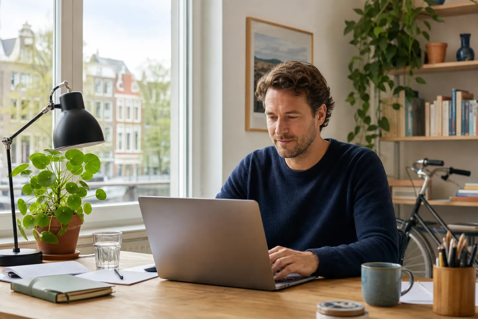 Persoon werkt ontspannen achter een laptop bij zacht daglicht