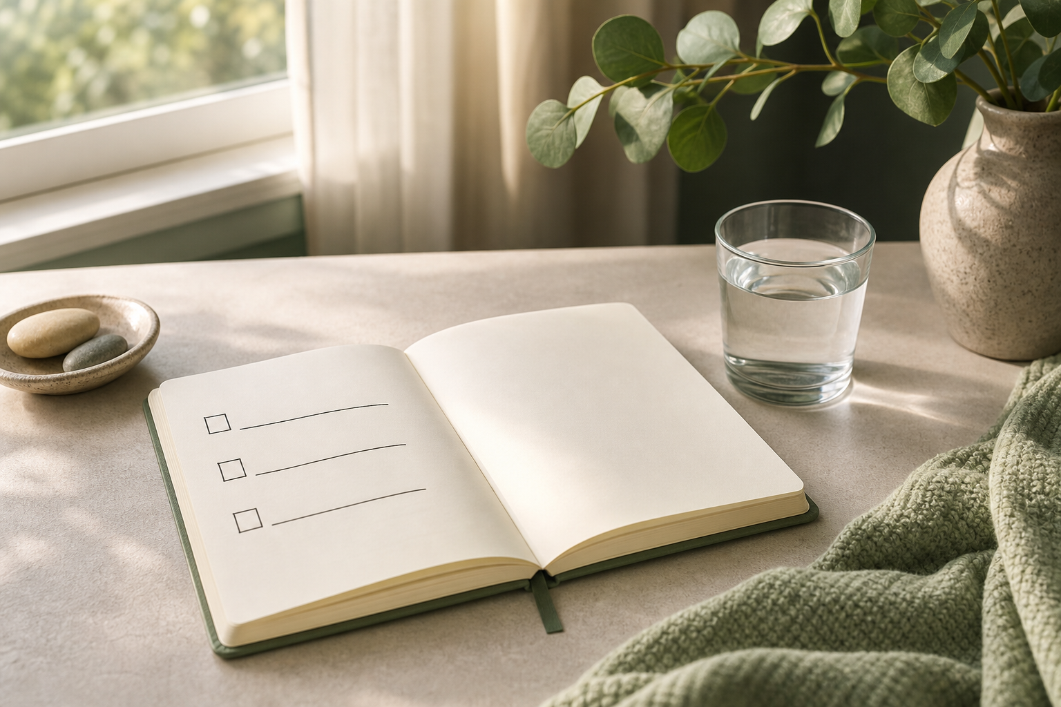 Notitieboek met een eenvoudig gezondheidsplan op tafel