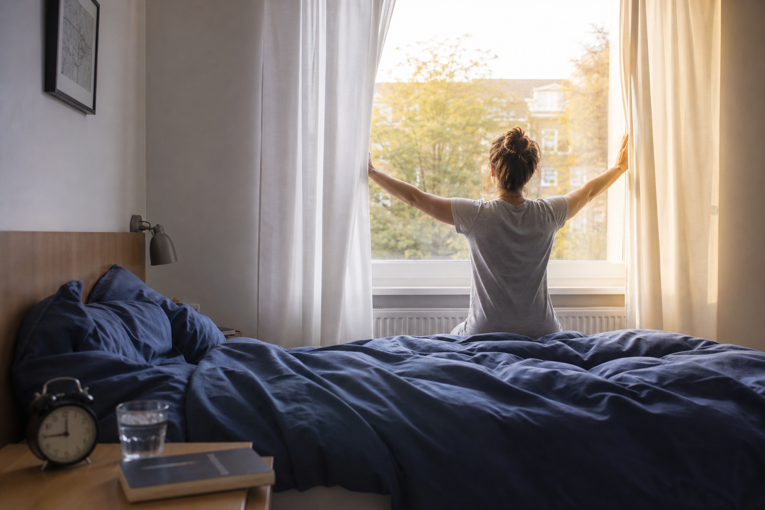Een vrouw opent in de ochtend de gordijnen van haar slaapkamer