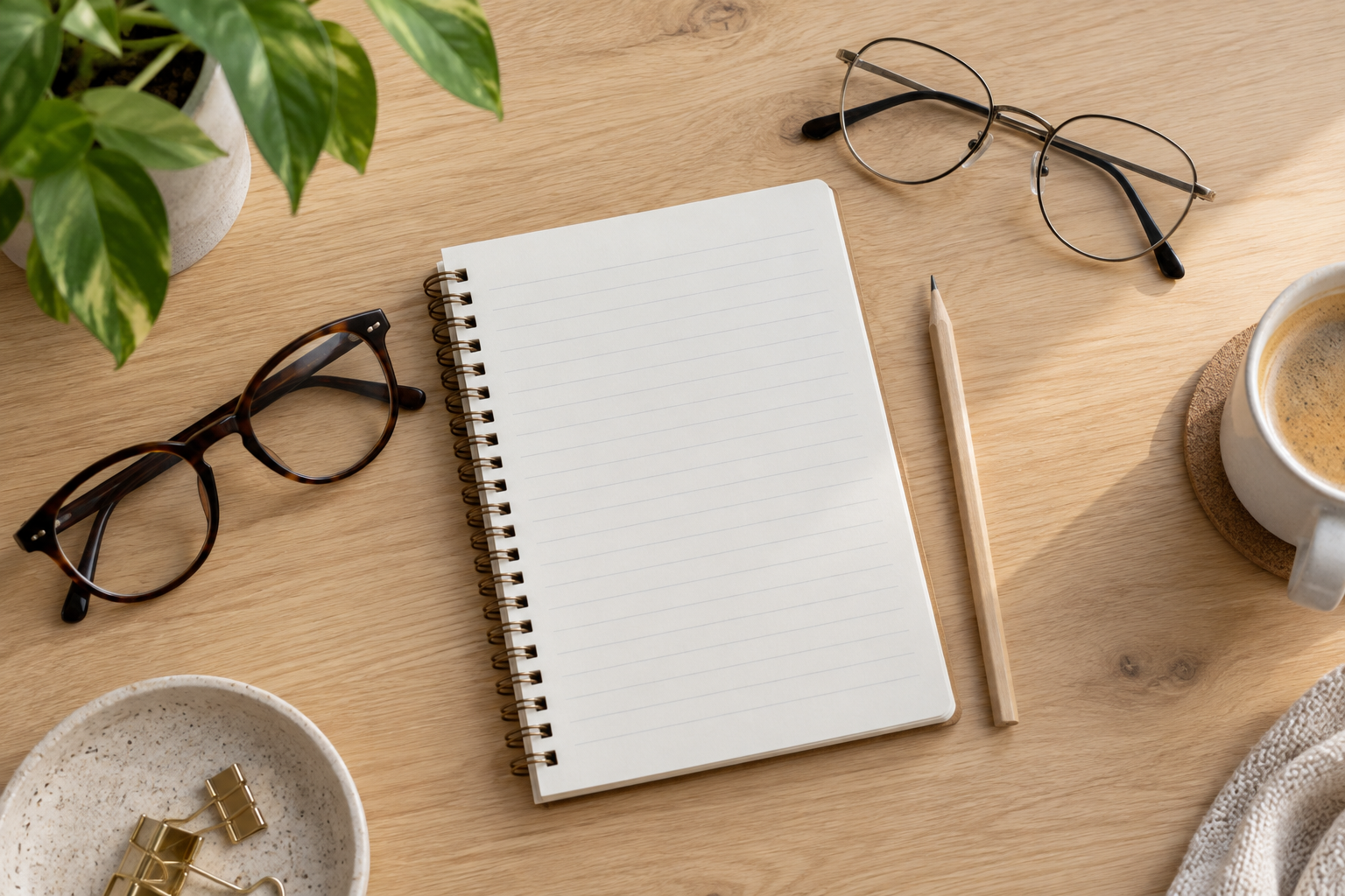 Notitieboek en twee brillen op een houten bureau