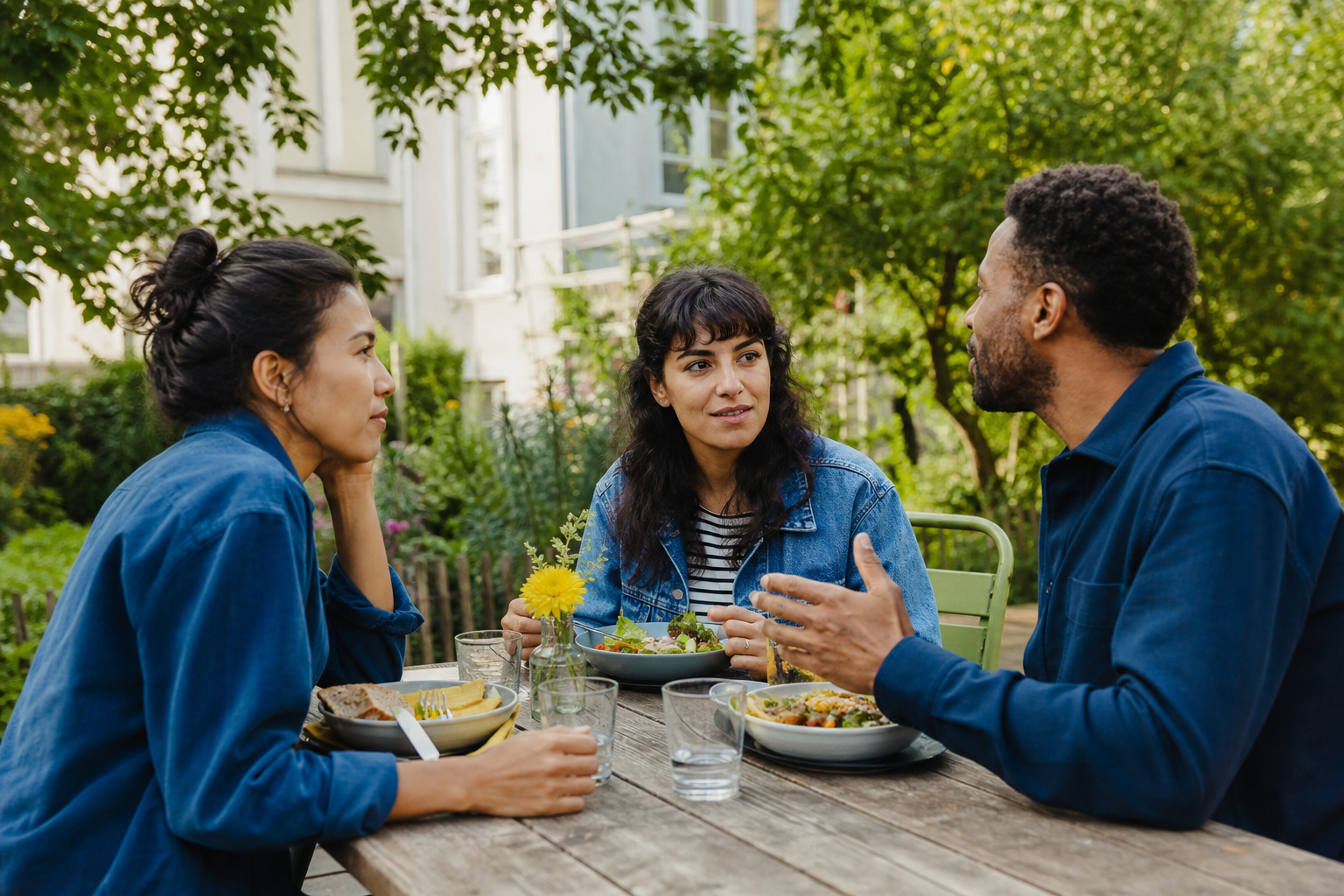 Drie vrienden luisteren naar elkaar tijdens een lunch in een groene tuin
