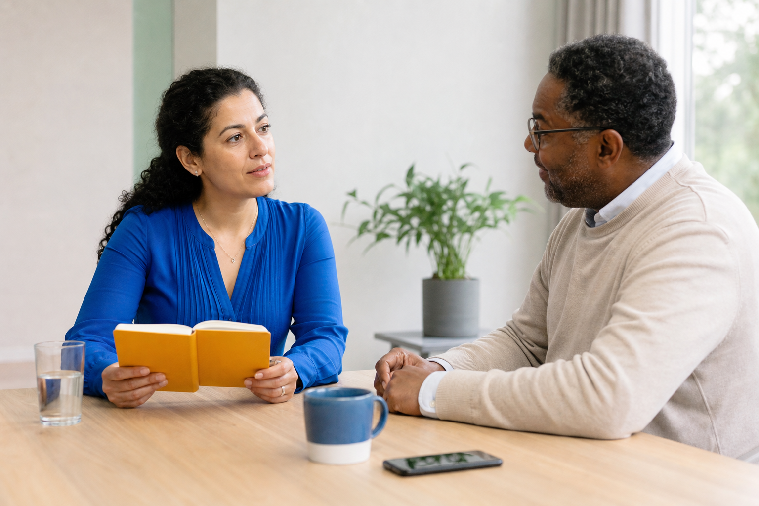 Twee mensen voeren een aandachtig gesprek met een geel notitieboek op tafel