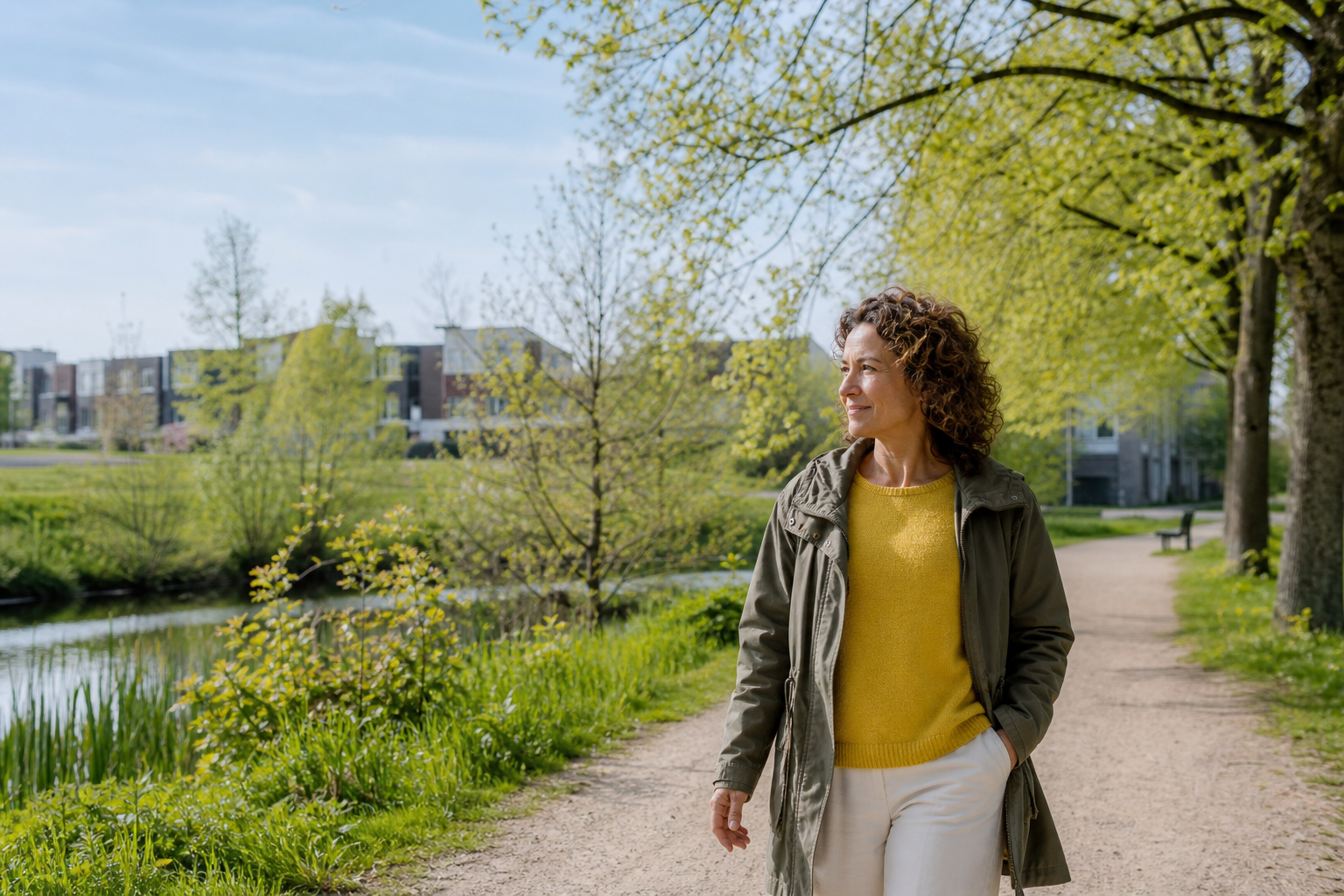 Een vrouw wandelt ontspannen door een groen stadspark